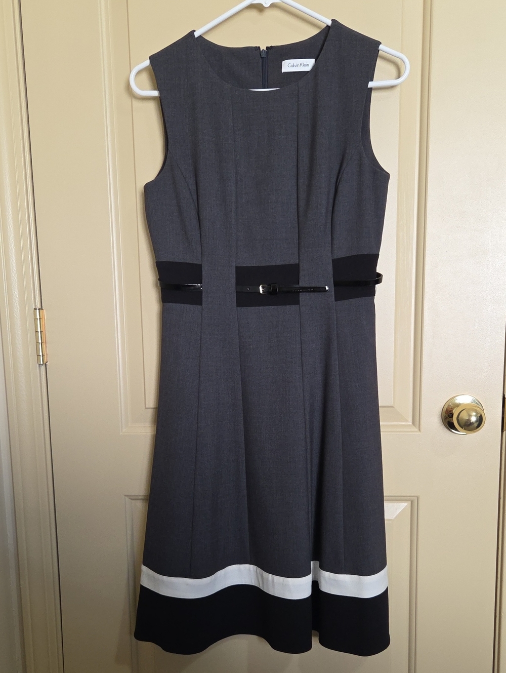 Calvin Klein Gray Sleeveless Belted A-Line Dress with White Trim